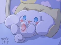 bed bodily_fluids canid canine chibi cinnamoroll erection feral furniture genital_fluids hi_res lying lying_on_bed male mammal neisawa on_bed precum sanrio solo