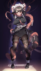 1girl absurdres ankle_cuffs arms_up black_hair black_pantyhose black_shorts black_skirt breasts clenched_teeth closed_mouth commentary_request covered_nipples ellen_joe fins fish_tail frown highres large_breasts large_variant_set maid_headdress pantyhose rape red_eyes restrained shark_tail shorts skirt solo tail teeth tentacles tentacles_under_clothes variant_set yatai_(ya2taic) zenless_zone_zero