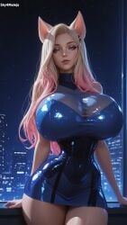 ahri ahri_(league_of_legends) ai_generated bimbo bimbo_body breasts city city_background cityscape deviantart dress fake_breasts huge_breasts k/da_ahri k/da_all_out_ahri k/da_all_out_series k/da_series league_of_legends narrow_waist night riot_games sexy sexy_pose sky4maleja smile tight_clothing