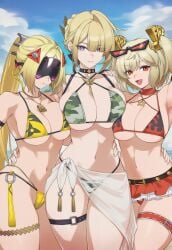 2d 2d_(artwork) 3girls ai ai_art ai_generated alternate_costume beach beach_background big_breasts bikini bikini_bottom bikini_top blonde_hair bra burnice_white cleavage clouds day evelyn_chevalier female female_only front_view hair_over_one_eye high_resolution highres light-skinned_female light_skin looking_at_viewer mature mature_female miniskirt mole mole_under_eye outdoors ponytail red_eyes sexy short_hair sky smiling smiling_at_viewer standing summer swimsuit thong thong_bikini trigger_(zenless_zone_zero) two_piece_swimsuit voluptuous voluptuous_female young zenless_zone_zero