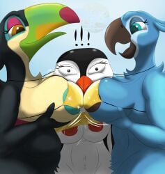 anthro avian beak bikini bird black_beak black_body blue_body blue_eyes blue_nipples blue_sky_studios bra breasts brown_eyes clothed clothing eva_(rio) eyelashes female female/female gentoo_penguin gold_bikini golden_week green_beak group head_between_breasts hi_res holding_breast jewel_(rio) keel-billed_toucan lani_aliikai lindwormduality looking_at_another macaw markings navel neotropical_parrot nipples orange_beak orange_markings orange_nipples parrot penguin pink_markings pressing_breasts_together pubes raised_bra raised_clothing raised_underwear rio_(series) slightly_chubby slightly_chubby_female spix's_macaw surf's_up surprised swimwear toucan trio true_parrot true_toucan two-piece_swimsuit underwear white_body