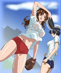 alpa bloomers breasts buruma gundam gundam_seed gym_uniform highres long_hair lux midriff murrue_ramius natarle_badgiruel see-through sheer short_hair sport sports sweat wet