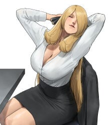 1girl 1girls 2d 2d_(artwork) blonde_female blonde_hair cleavage cynthia_(pokemon) human human_only office office_clothing office_lady pokemon pokemon_dppt questionable red_lipstick solo solo_female solo_focus stretching wasabishouyu