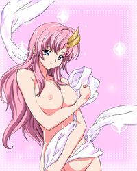 1girls alpa blue_eyes breast_hold breasts color female grin gundam gundam_seed hair_ornament highres lacus_clyne large_breasts long_hair looking_at_viewer mound_of_venus naughty_face nipples nude parted_bangs pink_hair polka_dot polka_dot_background shawl smile solo sparkle standing