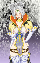 big_breasts blush breasts choker chrono_cross cleavage detached_sleeves erect_nipples female hands_on_hips hyde_onsenguma large_breasts long_hair nipples orange_eyes pussy see-through sheer sideboob silver_hair solo steena thighhighs tiara