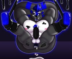 abs anthro anus balls bdsm blue_highlights bodily_fluids bondage boots bound clothing cum cum_dumpster cum_inside cum_on_face cum_on_penis cum_puddle dark_sclera footwear gaping gaping_anus genital_fluids genitals grey_body hi_res highlights_(coloring) latex male mammal mephitid muscular nipples pecs penis rapture_(rapturewraith) rapturewraith shoes skunk slime slutty_face solo swing