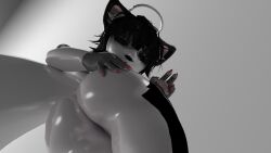 3d_(artwork) anthro big_butt big_tail butt digital_media_(artwork) domestic_cat felid feline felis fur grabbing halo hi_res holding_butt katt_(~oblivion~) looking_at_viewer male mammal monochrome smile solo tail teasing teeth_showing