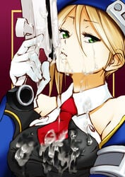 artist_request bare_shoulders blazblue blonde_hair cum cum_on_clothes cum_on_neck cum_on_upper_body cumdrip facial gloves green_eyes gun hat highres looking_at_viewer noel_vermillion weapon