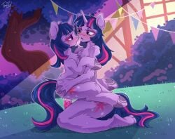 anthro anthro_on_feral assisted_masturbation bestiality blush bodily_fluids dildo duo equid equine feet female female/female feral fluffy friendship_is_magic genital_fluids hasbro hi_res hooves horn kissing making_out mammal my_little_pony mythological_creature mythological_equine mythology night saliva selfcest sex_toy square_crossover tim0nda twilight_sparkle_(mlp) unicorn vaginal_fluids