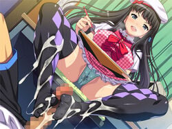 beret black_hair blue_eyes censored clockup cum cum_on_clothes cum_on_thighhighs eroge!_h_mo_game_mo_kaihatsu_zanmai feet footjob footjob_with_legwear green_panties hamashima_shigeo himeno_kisara legwear long_hair panties pantyshot pen penis spread_legs stockings thighhighs underwear wet_spot writing