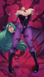 1500harrison bat_wings blue_eyes bodysuit boots breasts cameltoe cleavage darkstalkers detachable_head dullahan fit fit_female green_hair hand_on_breast large_breasts leggings long_hair makeup morrigan_aensland navel necklace slim_waist succubus tagme thick_thighs tight_clothing voluptuous wide_hips wings
