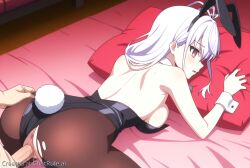 ai_generated nukitashi_the_animation 1boy 1girls all_fours animal_ears ass back backboob bare_shoulders breasts clothing_aside detached_collar doggy_style facing_away fake_animal_ears fake_tail female female_focus from_behind heart highleg_leotard large_breasts leotard leotard_aside male pantyhose penis pillow playboy_bunny pov pussy rabbit_ears rabbit_tail sex sex_from_behind sheet_grab solo_focus straight strapless strapless_leotard sweat tail torn_clothes torn_pantyhose vaginal_penetration wrist_cuffs
