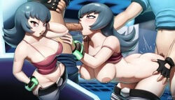 1girl 2boys belt belt_buckle black_belt black_hair blurry blurry_background bracelet breasts breasts_out buckle cleavage clothes_pull collarbone commentary eyelashes fellatio grey_pants hetero jewelry long_hair male_pubic_hair multiple_boys multiple_views nipples oral pants pants_pull penis pink_eyes pokemon pokemon_heartgold_and_soulsilver pubic_hair revtilian sabrina_(pokemon) sex spitroast strap_slip