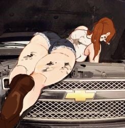 spookymaggots claire_redfield resident_evil redhead redhead_female redheaded_female female female_only female_focus car fixing fixing_car mechanic_girl clothes clothed clothing suggestive suggestive_pose ass butt thick_ass big_ass fat_ass thick_butt big_butt fat_butt booty_shorts shorts short_shorts thighs thick_thighs hips wide_hips thick_hips curvaceous curvaceous_body curvaceous_female curvaceous_figure curvaceous_hips curvy curvy_body curvy_female curvy_figure backview ponytail tied_hair