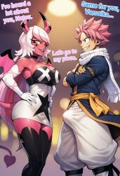 cocky69 ai_generated text comic_page fairy_tail helluva_boss natsu_dragneel verosika_mayday_(helluva_boss) male/female demon demon_girl demon_horns demon_tail breasts big_breasts boobs big_boobs arm_gloves tights clothes bulge bulge_through_clothing bulge_under_clothes