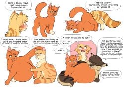 ambiguous_gender anus bodily_fluids brambleclaw_(warriors) brown_body brown_fur domestic_cat ear_tuft english_text fan_character felid feline felis female feral fur green_eyes hi_res internal male mammal orange_body orange_fur shoelace_(artist) sitting sparkpelt_(warriors) squirrelstar_(warriors) standing sweat sweatdrop tabby_fur text tuft unbirthing vaginal vore warriors_(book_series) white_paw yellow_body yellow_eyes yellow_fur