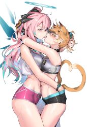 2girls ambriel_(arknights) arknights ass female female_only french_kiss halo hand_in_panties heart_shaped_tail khrnnfz mousse_(arknights) sports_bra sweat tail thighs wings yuri