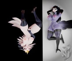 2026 3d_(artwork) anatid anseriform anserine anthro areola armwear avian barbell_piercing big_breasts bird bird's-eye_view black_armwear black_clothing black_elbow_gloves black_fingerless_gloves black_gloves black_hair black_handwear black_legwear black_talons black_thigh_highs breasts clothing crossgender demon digital_media_(artwork) duo elbow_gloves eyelashes feather_hair feathers female fingerless_gloves full-length_portrait genitals glistening glistening_body gloves glowing glowing_eyes hair hand_behind_head hand_on_crotch hands_behind_head handwear hellaverse helluva_boss hi_res high-angle_view impaer_jaster innie_vulva legwear long_hair looking_at_viewer lying married_couple montgomery_glands mtf_crossgender navel nipple_barbell nipple_piercing nipples non-mammal_breasts non-mammal_navel non-mammal_nipples non-mammal_vulva on_back open_mouth open_smile owl piercing pink_areola pink_nipples pink_sclera portrait pseudo_hair purple_areola purple_body purple_nipples red_sclera skindentation smile smiling_at_viewer stella_(helluva_boss) stella_(valorlynz) stolas_(helluva_boss) swan tail tail_feathers thick_thighs thigh_highs toeless_thigh_highs translucent_thigh_highs ventral_groove vulva watermark white_body white_feathers wide_hips wife_and_wife
