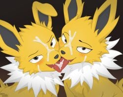 2026 absurd_res blush bodily_fluids brother_(lore) canid canine cum cum_on_face cum_on_tongue digital_media_(artwork) duo eeveelution female female_(lore) feral french_kissing fur generation_1_pokemon genital_fluids hi_res jolteon kissing looking_at_viewer male male_(lore) mammal nintendo open_mouth pokemon pokemon_(species) saliva sibling_(lore) simple_background sister_(lore) tongue tongue_out twins_(lore) whyvern yellow_body yellow_fur