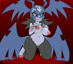 1girls antennae_(anatomy) areola bandai_namco big_breasts breast_squeeze breasts cute_fangs demidevimon demon digimon digimon_(species) fangs female female_only furball genitals head_wings hex_(foxtalon) hex_the_demidevimon humanoid kneeling looking_at_viewer mask nipples shortstack smiling smiling_at_viewer solo squeezing teeth unusual_wing_placement vulva wings