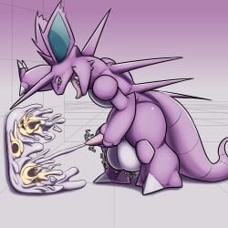 after_vore balls big_balls bodily_fluids bone bones_in_cum cock_vore cum digestion ejaculation generation_1_pokemon genital_fluids genitals half-closed_eyes hi_res larger_pred male male_pred masturbation melting narrowed_eyes nidoking nintendo penile penis poisonsneksoffie pokemon pokemon_(species) size_difference smile smirk vore