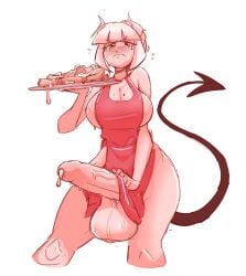 apron_only balls blushing breasts clothed clothing cum cum_on_food demon_girl demon_tail dripping_cum embarrassed erection food futanari helltaker horns huge_balls huge_breasts huge_cock huge_penis humanoid humanoid_penis kinky_rat light_skin lucifer_(helltaker) mole_on_breast mole_under_eye mostly_nude pancakes penis sideboob solo sweat thick_thighs white_hair