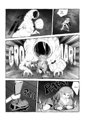 drav_jack high_guardian_spice sage_(high_guardian_spice) monster falling tentacle big_breasts scared_expression comic comic_page black_and_white