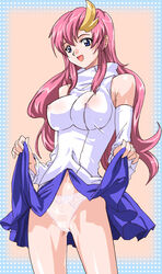 alpa blue_eyes erect_nipples_under_clothes gundam gundam_seed hair_ornament lacus_clyne lux nipples_visible_through_clothing panties pink_hair skirt skirt_lift underwear