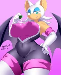 1girls 2020s 2023 5_fingers anthro anthro_only aozora_(tasogare_aozora) artist_signature big_breasts big_ears big_nipples black_eyelashes black_wings blue_eyes bodysuit breasts camel_toe cameltoe closed_mouth clothing dated emerald_(gem) eyelashes female female_only gem gloves green_gem hand_on_thigh high_heel_boots holding_gem holding_object jpeg large_ears large_nipples long_gloves looking_at_viewer looking_down mobian_(species) mobian_only navel_line nipple_bulge open_eyes pink_background purple_bodysuit purple_clothing rouge_the_bat sega shiny_clothes signature solo sonic_(series) sonic_the_hedgehog_(series) standing viewed_from_below white_hair white_high_heels_boots wings wrinkles_in_clothes