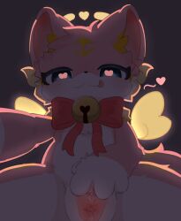 absurd_res anthro anus bodily_fluids bow_accessory canid canine clitoris female feral fox front_view fur genitals halo heart_symbol hi_res humanoid_genitalia humanoid_genitalia_on_feral humanoid_vulva kemono mammal neisawa neisawa(neisawawww) one_eye_closed pawpads paws pink_body pink_fur presenting presenting_vulva simple_background smile solo spread_legs spread_vulva spreading vulva white_background white_body white_fur