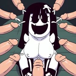 skid_(srpelo) rule_63 genderswap_(mtf) aged_up alternate_universe part_of_a_set ai_generated pixai female 1girl multiple_boys 11boys cumshots cumshot_on_face cumshot cum_in_hair nude naked skeleton_girl masked_female halloween_costume white_skin black_hair bangs long_hair sidelocks white_pupils happy :d drool medium_breasts kneeling thighhighs black_thighhighs skeleton_gloves elbow_gloves black_elbow_gloves white_nipples curvy spooky_month friday_night_funkin costume