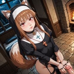 1:1 1:1_aspect_ratio ai_generated androgynous animal_ears animal_tail anime anime_style big_ass big_penis brown_hair cock dick femboy flat_chest flat_chested fox_ears fox_tail genderswap genderswap_(ftm) holo_(spice_and_wolf) nun penis red_eyes spice_and_wolf