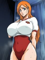 1girls ai_generated big_breasts bleach bleach:_the_thousand-year_blood_war brown_eyes curvy curvy_body curvy_female curvy_figure female female_only gym gym_uniform huge_breasts inoue_orihime large_breasts leotard light-skinned_female light_skin looking_at_viewer mature_female orange_hair shao145 shiny_skin shorts solo solo_female sweat t-shirt tite_kubo_style