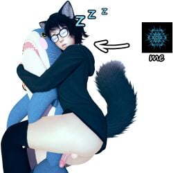 3d beret black_hair femboy femboy_only glasses honey_select_2 hoodie original_character penis sanae_(sauce_dip) sauce_dip small_breasts blahaj sleeping hugging plushie hugging_plushie cuddling cuddling_plushie cat_ears fox_tail furry knee_socks knee_high_socks zzz profile_picture arrow_(symbol) self_insert