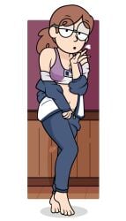 1girls bra breasts brown_hair cleavage david's_mom_(hilda) dm29 eyebrows_visible_through_hair feet female female_only glasses heart hilda_(series) human id_card light-skinned_female light_skin looking_at_viewer navel nurse solo