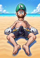 1boy ai_generated beach blue_eyes boner brown_hair bulge clothing clouds erection facial_hair feet gloves green_hat hat humanoid light-skinned_male light_skin looking_at_viewer luigi male male_nipples male_only mammal mario_(series) mature mature_male nintendo nipples ocean outdoors short_hair shorts sitting solo solo_focus solo_male sun sweat sweating water white_gloves