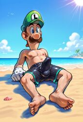 1boy ai_generated arm_support beach blue_eyes boner brown_hair bulge clothing clouds erection facial_hair feet gloves green_hat hat humanoid light-skinned_male light_skin luigi male male_nipples male_only mammal mario_(series) mature mature_male nintendo nipples ocean outdoors short_hair shorts sitting solo solo_focus solo_male sun sweat sweating water white_gloves