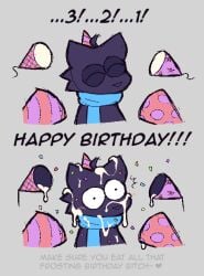anthro birthday blush bodily_fluids clothing colored confetti countdown cum digital_drawing_(artwork) digital_media_(artwork) eyes_closed felid fur fur_tuft genital_fluids hat headgear headwear joe_(thatguynamedjoe) male mammal mouthless party_hat party_popper purple_body scarf solo surprised text tuft zlut385
