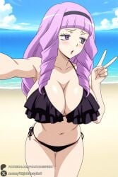 1girl breasts swimsuit bikini solo purple_eyes purple_hair cleavage beach long_hair selfie hairband black_bikini v navel large_breasts ocean outdoors blush day bangs side-tie_bikini_bottom drill_hair frilled_bikini blunt_bangs sky open_mouth frills cloud hashima_rin cardfight!!_vanguard unjobdespiert ai_generated 1female looking_at_viewer curvy huge_breasts huge_ass big_breasts big_ass 1girls 2026 artist_name watermark hi_res highres high_quality high_resolution patreon_username patreon