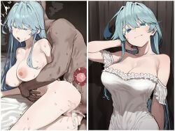 abs ai_generated bald bbc_slave big_breasts big_penis blue_eyes blue_hair cheating cuckold cuckolding dark-skinned_male dark_skin deep_penetration doggy_style doggystyle elfaria_albis_serfort goddess hi_res high_quality high_resolution large_breasts large_penis male_domination muscular muscular_male netorare ntr patreon patreon_username penetration sex tsue_to_tsurugi_no_wistoria yonzu9797 2koma