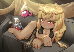 blonde_hair cleavage deity dress elden_ring female female_focus fromsoftware godfrey_first_elden_lord hoyster kemono kemonomimi light-skinned_female light_skin queen queen_marika_the_eternal solo solo_female solo_focus