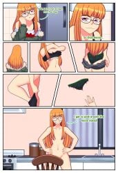 1girls atlus comic convenient_censoring convenient_censorship english_text glasses glasses_only hair hair_over_breasts indoors indoors_nudity megami_tensei naked naked_female nude nude_female orange_hair orangemint_4444 persona persona_5 sakura_futaba smile smiling solo uc-four undressing undressing_self