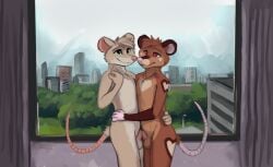 absurd_res anthro balls digital_media_(artwork) duo erection fur genitals hi_res hug male mammal mouse murid murine nude penile penis penises_touching rodent smile standing tail tazal whiskers