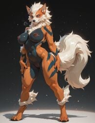 ai_generated nintendo pokemon arcanine generation_1_pokemon pokemon_(species) hi_res 4_toes anthro areola big_breasts black_stripes blue_eyes breasts dark_areola dark_body dark_fur dark_nipples dark_nose fangs feet female female_anthro fingers fluffy fluffy_tail front_view fur genitals humanoid_genitalia humanoid_pussy looking_at_viewer multicolored_body multicolored_fur neck_tuft nude orange_body orange_fur pokemorph pussy smile solo standing striped_body striped_fur stripes tail teeth toes tuft white_body white_fur