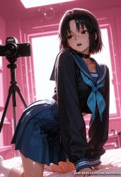 1girl ai_generated all_fours black_eyes black_hair camera collar female female_only indoors kara_no_kyoukai kermixx long_sleeves open_mouth pleated_skirt ryougi_shiki school_uniform serafuku short_hair skirt socks solo watermark white_socks