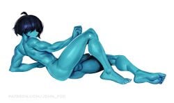 1nonbinary 2023 ambiguous_gender anus ass balls blue_body blue_hair deltarune feet hair hair_between_eyes hair_over_eyes human johnfoxart kris_(deltarune) lying muscular nonbinary nude patreon_link penis simple_background undertale_(series) white_background