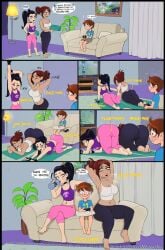 1boy age_difference ass ass_focus barefoot big_ass blue_shirt blush brown_hair butt butt_focus clueless dialogue erection eyebrow_piercing feet female grey_shorts hetero highres incest jimmy_(shadman) male mother mother_and_child mother_and_daughter mother_and_son nervous oblivious original piercing playing round_ass shadman shirt short_hair shorts size_difference stacey_(shadman) staring staring_at_another staring_at_ass toes unaware uncensored wavy_mouth