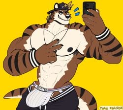 absurd_res anthro armpit_hair backwards_hat biceps body_hair clothing electronics hat headgear headwear hi_res humanoid jewelry jock jockstrap kyo_(kiasano) male male/male mammal muscular mustelid necklace otter phone solo teamkraiton underwear