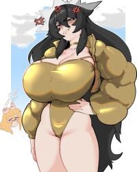 the_varking borrowed_character executioner_maid_(centuriic) golden_week gold_swimsuit one-piece_swimsuit breasts huge_breasts very_long_hair black_hair maid_headdress puffer_jacket cleavage choker gold_choker solo_focus 2girls female female_focus anger_vein hand_on_hip original