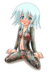 blush clitoris_piercing earring earrings full_body_tattoo green_eyes green_hair jewelry labia_piercing nipple_piercing nipple_rings nipples piercing seiji_(artist) source_request tattoo uncensored